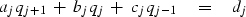 \begin{displaymath}
a_j \, q_{j+1} \ +\ b_j \, q_j \ +\ c_j \, q_{j-1}
 \eq d_j\end{displaymath}