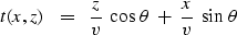 \begin{displaymath}
t(x,z) \ \ =\ \ {z\over v }\ \cos\,\theta \ +\ {x \over v }\ \sin \, \theta\end{displaymath}