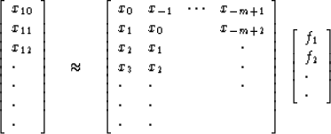 \begin{displaymath}
\left[
\begin{array}
{l}
 x_{10} \\  x_{11} \\  x_{12} \\  \...
 ...array}
{l}
 f_1 \\  f_2 \\  \cdot \\  \cdot \end{array} \right]\end{displaymath}