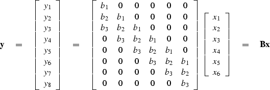 \begin{displaymath}
\bold y \eq
\left[ 
\begin{array}
{c}
 y_1 \\  
 y_2 \\  
 y...
 ..._4 \\  
 x_5 \\  
 x_6
 \end{array} \right]
\eq \bold B \bold x\end{displaymath}