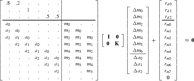 \begin{displaymath}
\left[ 
\begin{array}
{rrrrrr\vert rrr}
 .8 & .2 & . & . & ....
 ... \\  r_{m7} \\  0
 \end{array} \right] 
\quad \approx \ \bold 0\end{displaymath}