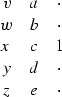 \begin{displaymath}
\begin{array}
{ccccc}
 v & a & \cdot \\  w & b & \cdot \\  x & c & 1 \\  y & d & \cdot \\  z & e & \cdot 
 \end{array}\end{displaymath}