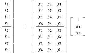 \begin{displaymath}
\left[
\begin{array}
{c}
 r_1 \\  r_2 \\  r_3 \\  r_4 \\  \h...
 ...\left[
\begin{array}
{c}
 1 \\  a_1 \\  a_2 \end{array} \right]\end{displaymath}