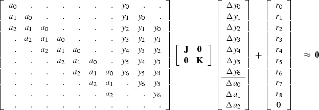 \begin{displaymath}
\left[ 
\begin{array}
{rrrrrrrrrr}
 a_0& . & . & . & . & . &...
 ...r_7 \\  r_8 \\  0
 \end{array} \right] 
\quad \approx \ \bold 0\end{displaymath}