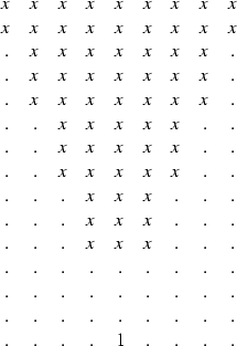 \begin{displaymath}
\begin{array}
{ccccccccc}
 x& x& x& x& x& x& x& x& x \\  x& ...
 ... .& .& .& .& .& .& . \\  .& .& .& .& 1& .& .& .& .
 \end{array}\end{displaymath}