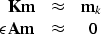 \begin{displaymath}
\begin{array}
{ccc}
\ \ \bold K \bold m & \approx & \bold m_k\ \\ \epsilon \bold A \bold m & \approx & 0\end{array}\end{displaymath}