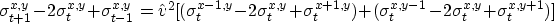 \begin{displaymath}
\sigma_{t+1}^{x,y} - 2 \sigma_t^{x,y} + \sigma_{t-1}^{x,y} =...
 ...) 
 + (\sigma_t^{x,y-1} -2 \sigma_t^{x,y} + \sigma_t^{x,y+1})] \end{displaymath}