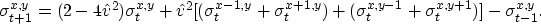 \begin{displaymath}
\sigma_{t+1}^{x,y} = (2 - 4 \hat{v}^2) \sigma_t^{x,y} + 
\ha...
 ... (\sigma_t^{x,y-1} + \sigma_t^{x,y+1})] 
 - \sigma_{t-1}^{x,y}.\end{displaymath}