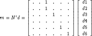 \begin{displaymath}
m = N'd = \left[ \begin{array}
{cccccc}
 . & . & 1 & . & . &...
 ...
 d1 \  d2 \  d3 \  d4 \  d5 \  d6 \  \end{array} \right]\end{displaymath}