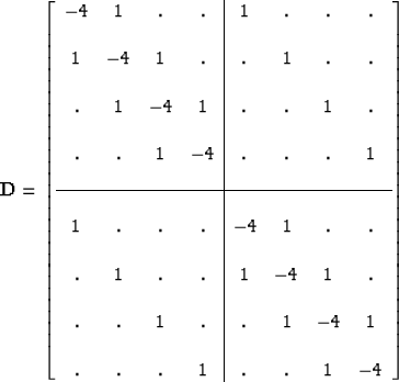 \begin{displaymath}
{\bf D} = \left[
\begin{array}
{cccc\vert cccc} 
-4 & 1 & . ...
 ... & & & \\ . & . & . & 1 & . & . & 1 & -4 \\  \end{array}\right]\end{displaymath}