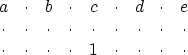 \begin{displaymath}
\begin{array}
{ccccccccc}
 a &\cdot &b &\cdot &c &\cdot &d &...
 ...&\cdot &\cdot &\cdot &1 &\cdot &\cdot &\cdot &\cdot \end{array}\end{displaymath}