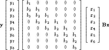 \begin{displaymath}
\bold y \eq
\left[ 
\begin{array}
{c}
 y_1 \\  
 y_2 \\  
 y...
 ..._4 \\  
 x_5 \\  
 x_6
 \end{array} \right]
\eq \bold B \bold x\end{displaymath}