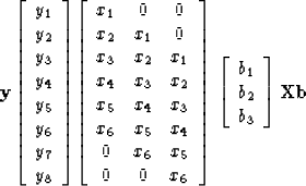 \begin{displaymath}
\bold y \eq
\left[ 
\begin{array}
{c}
 y_1 \\  
 y_2 \\  
 y...
 ..._1 \\  
 b_2 \\  
 b_3 \end{array} \right]
 \eq \bold X \bold b\end{displaymath}