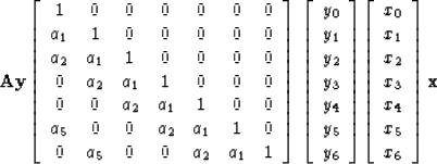 \begin{displaymath}
\bold A \bold y
\eq
\left[ 
\begin{array}
{ccccccc}
 1 & 0 &...
 ...\\  
 x_4 \\  
 x_5 \\  
 x_6
 \end{array} \right] 
\eq
\bold x\end{displaymath}