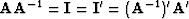 $\bold A\bold A^{-1} = \bold I = \bold I' = (\bold A^{-1})'\bold A'$