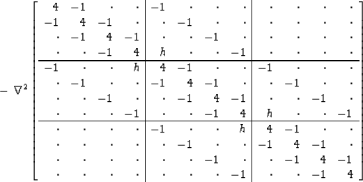 \begin{displaymath}
-\ \nabla^2 \eq
\left[
\begin{array}
{rrrr\vert rrrr\vert rr...
 ... \cdot & \cdot &-1 
& \cdot & \cdot & -1 & 4 \end{array}\right]\end{displaymath}