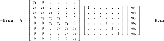 \begin{displaymath}
-\bold F_k \bold m_k
\quad \approx \quad
\left[ 
\begin{arra...
 ...
 m_6
 \end{array} \right]
\quad =\quad \bold F \bold J \bold m\end{displaymath}