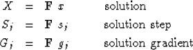 \begin{eqnarray}
X &=& \bold F \ x\ \quad\quad\quad {\rm solution} \\ S_j &=& \b...
 ...\\ G_j &=& \bold F \ g_j \quad\quad\quad {\rm solution\ gradient} \end{eqnarray}