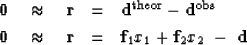 \begin{eqnarray}
\bold 0 \quad\approx\quad
 \bold r &=& \bold d^{\rm theor} - \b...
 ...pprox\quad
 \bold r &=& \bold f_1 x_1 + \bold f_2 x_2 \ -\ {\bf d}\end{eqnarray}