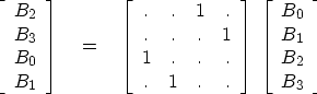 \begin{displaymath}
\left[ \begin{array}
{c}
 B_2 \  B_3 \  B_0 \  B_1 \end{a...
 ...in{array}
{c}
 B_0 \  B_1 \  B_2 \  B_3 \end{array} \right] \end{displaymath}