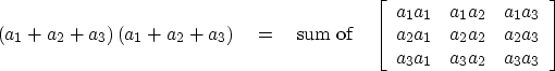 \begin{displaymath}
(a_1+a_2+a_3)\,
(a_1+a_2+a_3)
\eq
{\rm sum \; of} \quad
\lef...
 ... & a_2 a_3 \  a_3 a_1 & a_3 a_2 & a_3 a_3
 \end{array}\right] \end{displaymath}