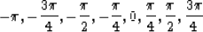 \begin{displaymath}
-\pi, -{3\pi \over 4}, -{\pi \over 2}, -{\pi \over 4}, 0, {\pi \over 4},
{\pi \over 2}, {3\pi \over 4}\end{displaymath}