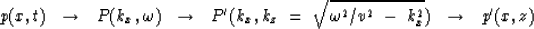 \begin{displaymath}
p(x,t) \ \ \rightarrow \ \ P(k_x , \omega ) \ \ \rightarrow ...
 ...sqrt{ \omega^2 / v^2 \ -\ k_x^2 } )
\ \ \rightarrow \ \ p'(x,z)\end{displaymath}