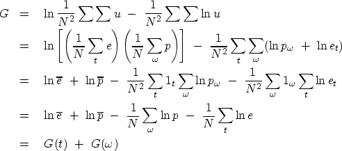 \begin{eqnarray}
G 
&=&\ \ln {1\over N^2}\sum\sum u\ -\ 
 {1\over N^2}\sum\sum \...
 ...omega \ln p\ -\ {1\over N} \sum_t \ln e \ &=&\ G(t)\ +\ G(\omega)\end{eqnarray}