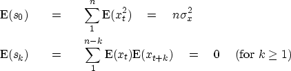 \begin{eqnarray}
\E(s_0) &\eq& \sum_1^n\E(x_t^2) \eq n\sigma^2_x \ \E(s_k) &\eq...
 ...{n-k}\E(x_t)\E(x_{t+k}) \eq 0 \mbox{\hspace{0.5cm}(for $k\geq 1$)}\end{eqnarray}