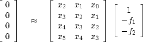 \begin{displaymath}
\left[ 
\begin{array}
{c}
 0 \  
 0 \  
 0 \  
 0 \end{ar...
 ...
\begin{array}
{c}
 1 \  
 -f_1 \  
 -f_2 \end{array} \right]\end{displaymath}