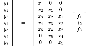 \begin{displaymath}
\left[ 
\begin{array}
{c}
 y_1 \  
 y_2 \  
 y_3 \  
 y_4...
 ...
\begin{array}
{c}
 f_1 \  
 f_2 \  
 f_3 \end{array} \right]\end{displaymath}