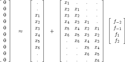 \begin{displaymath}
\left[ 
 \begin{array}
{c}
 0 \  0 \  0 \  0 \  0 \  0 ...
 ...ay}
{c}
 f_{-2} \  f_{-1} \  f_1 \  f_2
 \end{array} \right]\end{displaymath}