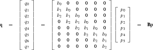 \begin{displaymath}
\bold q \eq
\left[ 
\begin{array}
{c}
 q_0 \\  
 q_1 \\  
 q...
 ..._3 \\  
 p_4 \\  
 p_5
 \end{array} \right]
\eq \bold B \bold p\end{displaymath}
