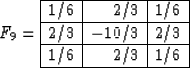 \begin{displaymath}
F_9 = \begin{array}
{\vert r\vert r\vert r\vert}
\hline
1/6 ...
 ...& -10/3 & 2/3 \  \hline
1/6 & 2/3 & 1/6 \  \hline \end{array}\end{displaymath}